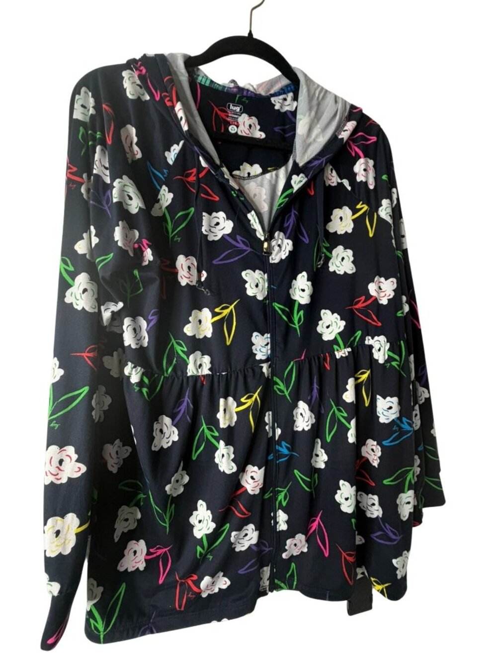 Lug Shimmy Floral Hooded Zip Jacket Navy Multicolor Peplum Size Large